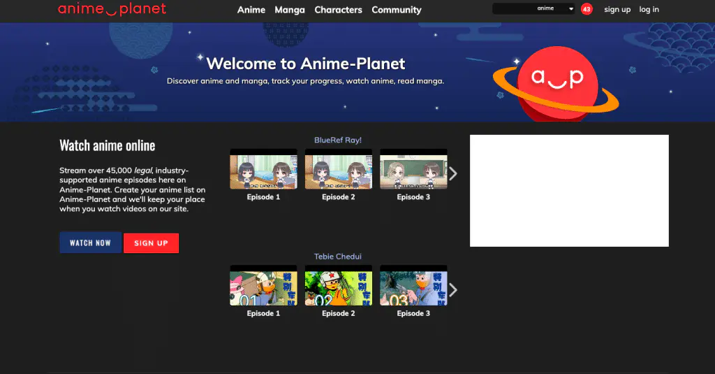 This is the landing page of the animeplanet website.
