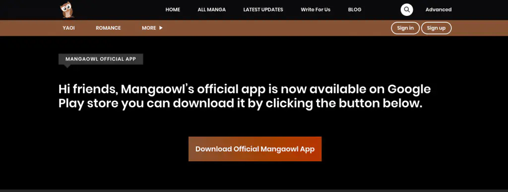 This is the landing page of the Mangaowl website.