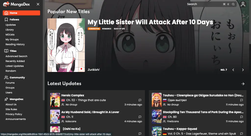 This is the landing page of the Mangadex website.