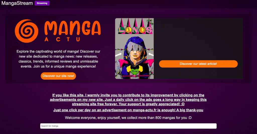 This is the landing page of the Mangastream website.
