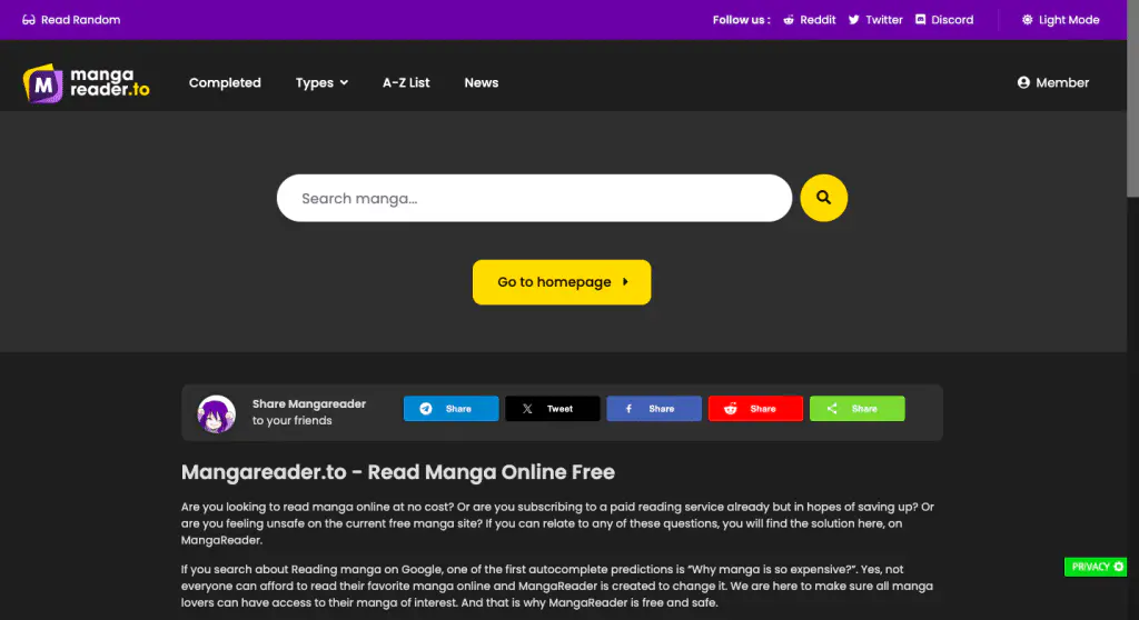 This is the landing page of the Mangareader website.