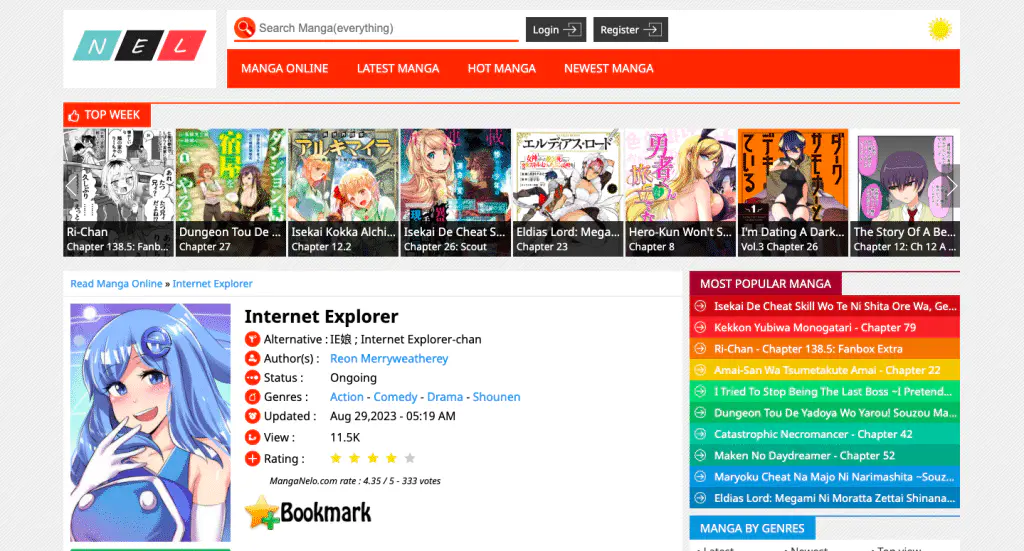 This is the landing page of the Manganelo website.