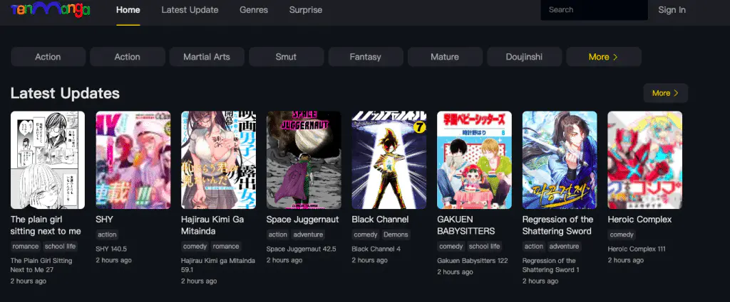 This is the landing page of the Tenmanga website.