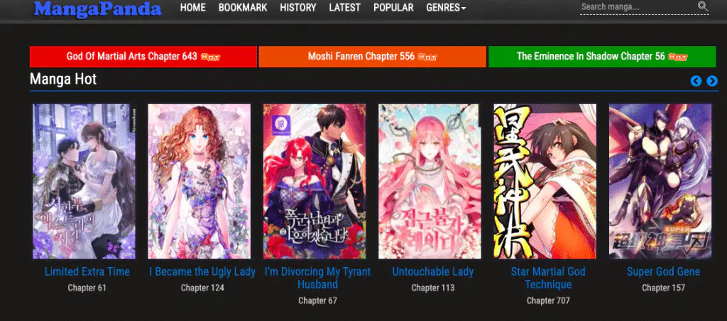 This is the landing page of the Mangapanda website.