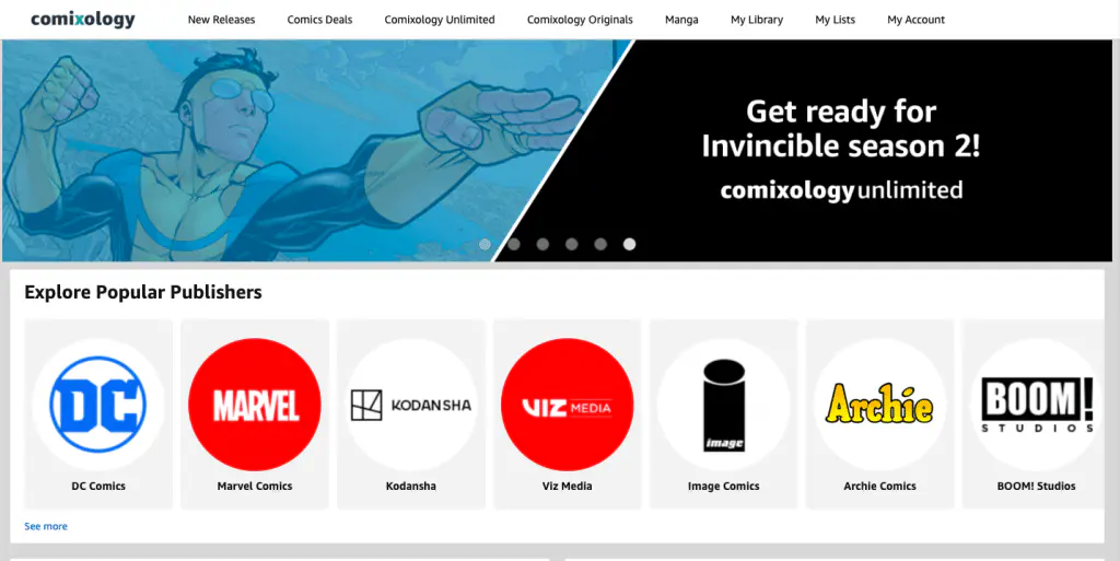 This is the landing page of the Comixology website.