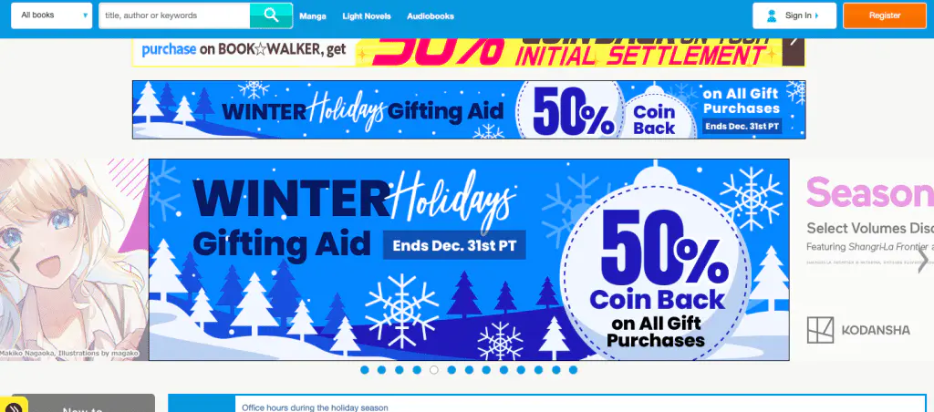 This is the landing page of the Bookwalker website.