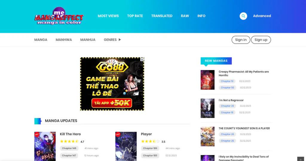 This is the landing page of the Mangaeffect website.