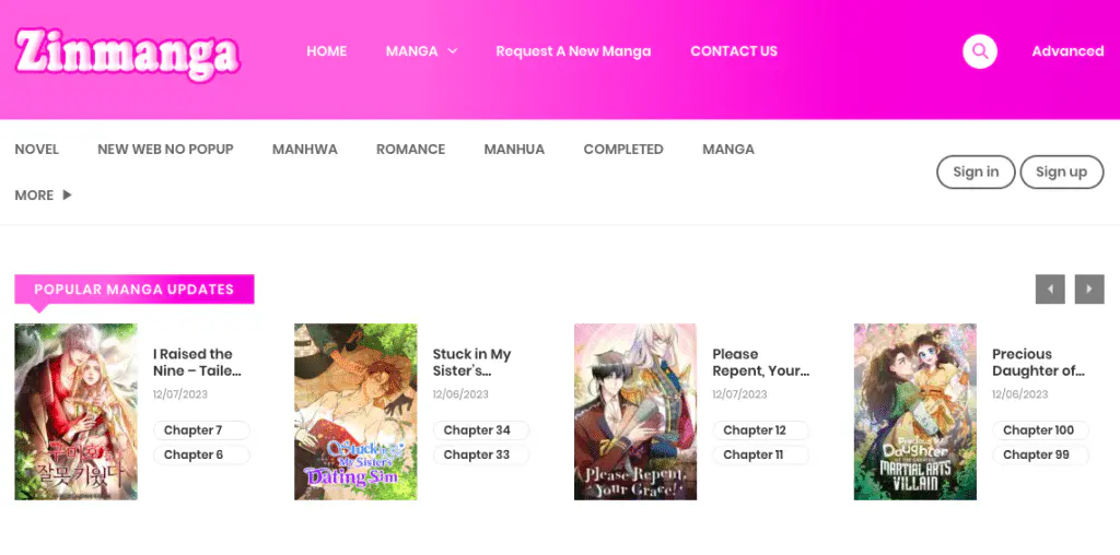 This is the landing page of the Zinmanga website.