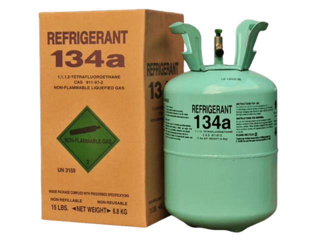 R134a Refrigerant canister - safe, eco-friendly cooling for industry with key details on boiling point, auto-ignition temperature, critical temperature, and global warming potential.