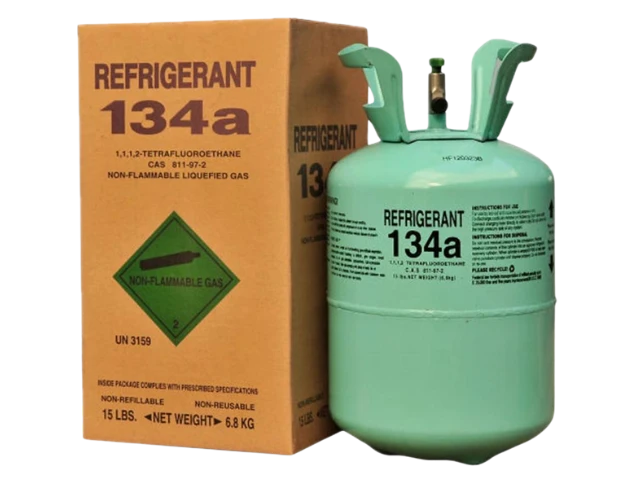 R134a Refrigerant canister - safe, eco-friendly cooling for industry with key details on boiling point, auto-ignition temperature, critical temperature, and global warming potential.