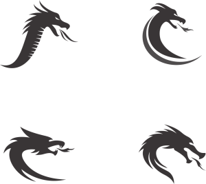 Four stylized dragon logos in black, each with unique designs and curves. #Logo and Advertising