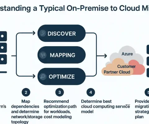 Diagram Of On-Premise To Cloud Migration Process Steps Including Discovery, Mapping, Optimization, And Strategy.