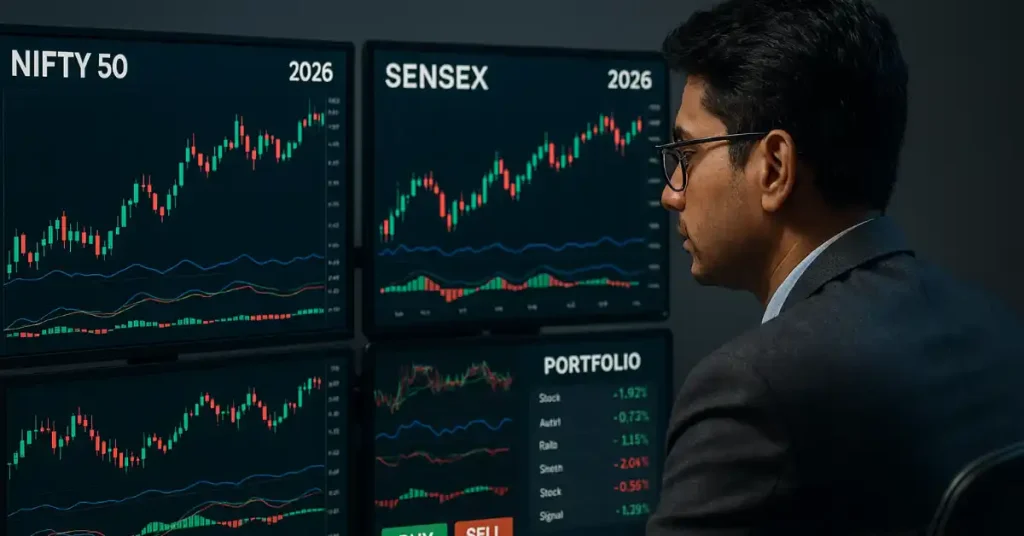 Indian stock market trader analyzing Nifty 50 and Sensex charts on multiple screens with candlestick patterns, technical indicators, and portfolio management dashboard showing buy-sell signals for 2026 trading strategies