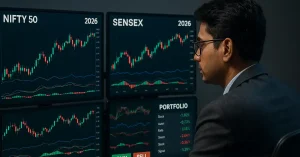 Indian stock market trader analyzing Nifty 50 and Sensex charts on multiple screens with candlestick patterns, technical indicators, and portfolio management dashboard showing buy-sell signals for 2026 trading strategies