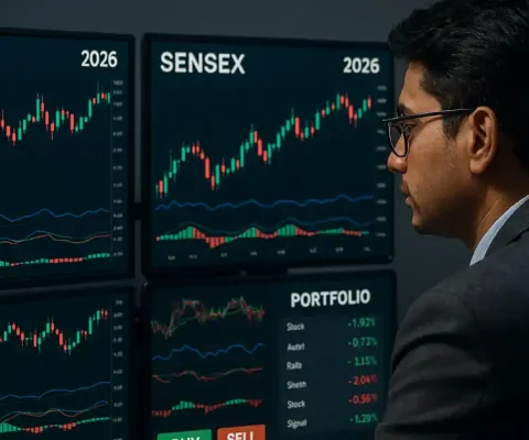 Indian Stock Market Trader Analyzing Nifty 50 And Sensex Charts On Multiple Screens With Candlestick Patterns, Technical Indicators, And Portfolio Management Dashboard Showing Buy-Sell Signals For 2026 Trading Strategies