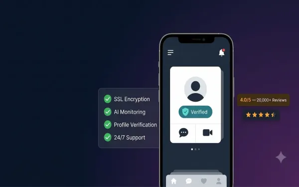 Smartphone Showing A Dating App Interface With A Verified Shield Badge, Alongside A Security Checklist Showing Ssl Encryption, Ai Monitoring, Profile Verification, And 24/7 Support, With An Independent Review Rating Badge Showing 4.0 Out Of 5