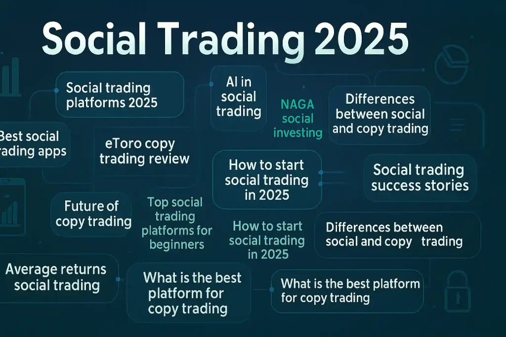 Futuristic infographic titled “Social Trading Platforms 2025” featuring interconnected trader avatars, digital charts, blockchain icons, and symbolic representations of eToro, ZuluTrade, and NAGA platforms. Includes visual elements for AI (robotic brain, neural network lines) and blockchain (chain links, crypto coins) on a sleek blue-green tech background.