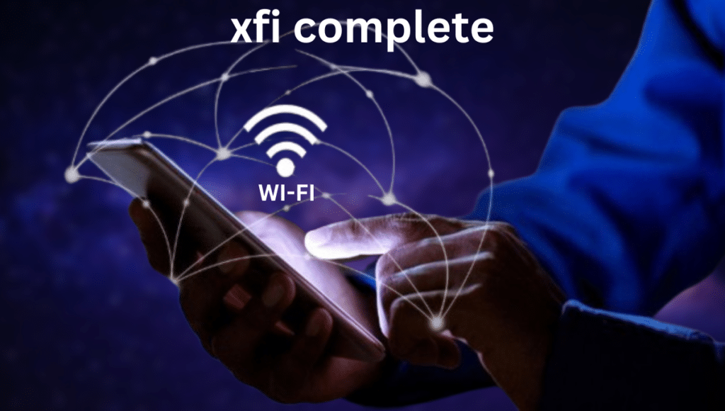 Illustration of a Wi-Fi symbol with the text 'xfi complete' overlaid, representing complete Wi-Fi coverage and network management through xFi Complete service.