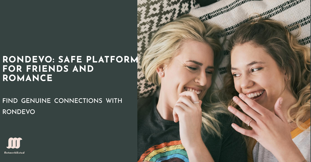 Two people lying on a bed, partially obscured, with text promoting Rondevo as a safe platform for friends and romance.