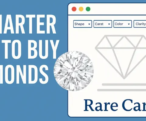 Rare Carat Lab-Grown Diamond Search Interface With Filters For Shape, Carat, Color, Clarity, And A Sparkling Diamond Illustration Promoting A Smarter Way To Buy Diamonds