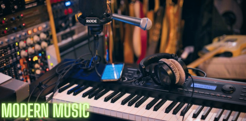 A close up of a contemporary drum set with shiny cymbals and textured drumheads ready for a dynamic performance while an MP3 player sits prominently nearby hinting at the modern fusion of technology with traditional musical instruments