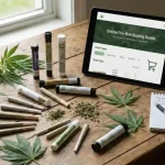 Assorted Cannabis Pre-Rolls On A Wooden Table With Green Leaves, Representing Online Buying Guide