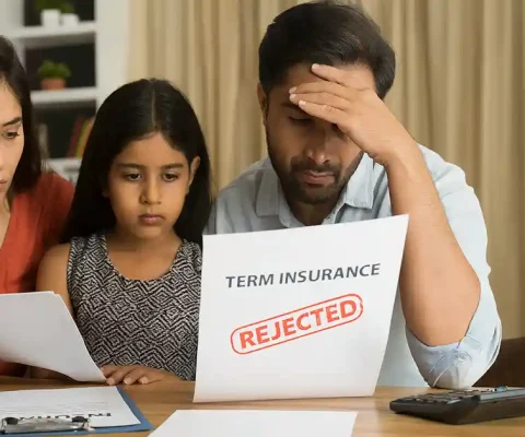 Stressed Family Reviewing Rejected Term Insurance Claim Documents With Calculator And Policy Papers