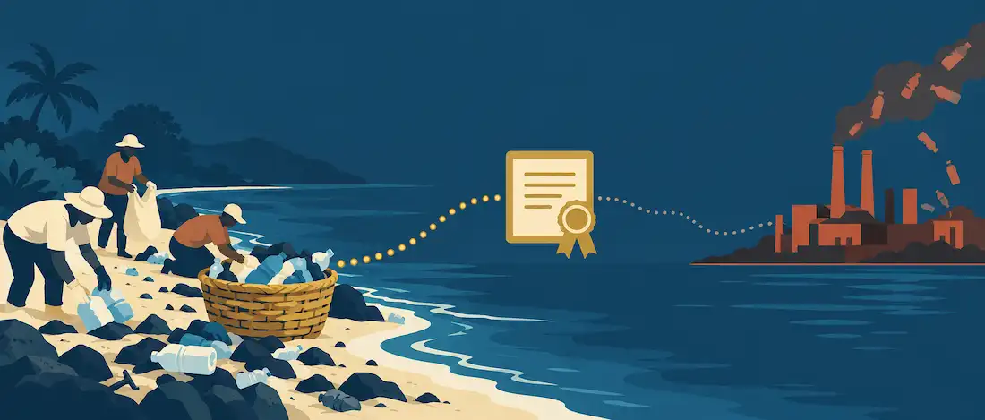 Unraveling Verified Plastic Recovery (Vpr): A Crucial Step In Reducing Plastic Footprint And Embracing Plastic Credit 1 Illustration Showing Waste Collection Connected By An Audit Trail To A Certification Stamp, With A Separate, More Tenuous Line Continuing Toward An Unchanged Factory Still Producing Plastic