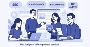 Related Services for Web Designers to Offer: Unlock New Revenue in 2026 4 Illustration of web designers offering related services like SEO, maintenance, e-commerce, and UX audits in a modern digital workspace.