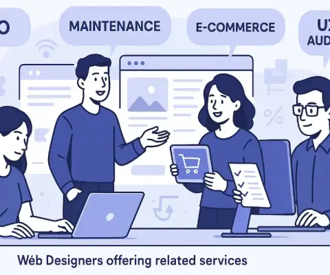 Illustration Of Web Designers Offering Related Services Like Seo, Maintenance, E-Commerce, And Ux Audits In A Modern Digital Workspace.