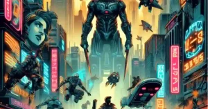 7starHD Movies: A vibrant cyberpunk cityscape featuring a towering robot with glowing swords, surrounded by neon signs and futuristic characters in action.