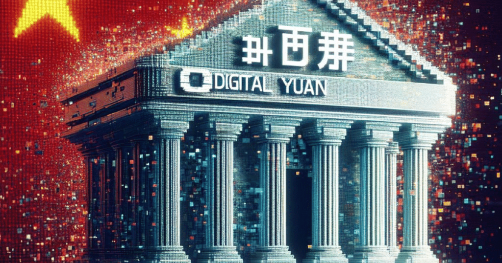 An illustration depicting the concept of Digital Yuan and currency symbols.