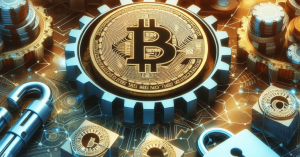 A digital illustration of a golden Bitcoin symbol in the center surrounded by metallic gears and padlocks, representing the security in e-commerce transactions.