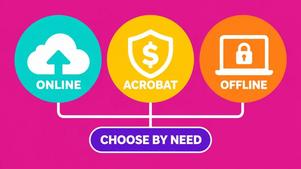 The Complete Guide To Combining Pdfs: Step-By-Step Methods And Tools 2 Illustration Of Three Labeled Badges Reading Online, Acrobat, And Offline, Representing Different Pdf Merging Methods