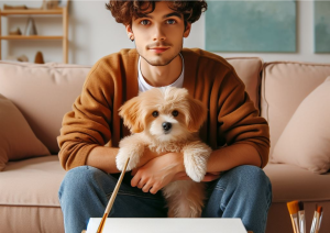 A Havanese puppy using an indoor dog potty, surrounded by training accessories.