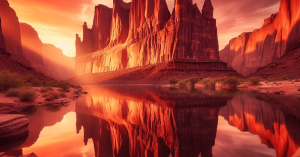 A stunning view of Reflection Canyon with cliffs reflecting in calm waters