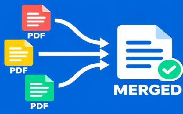 Illustration Of Three Colored Document Icons Converging Into One Larger Merged Document Icon With A Checkmark