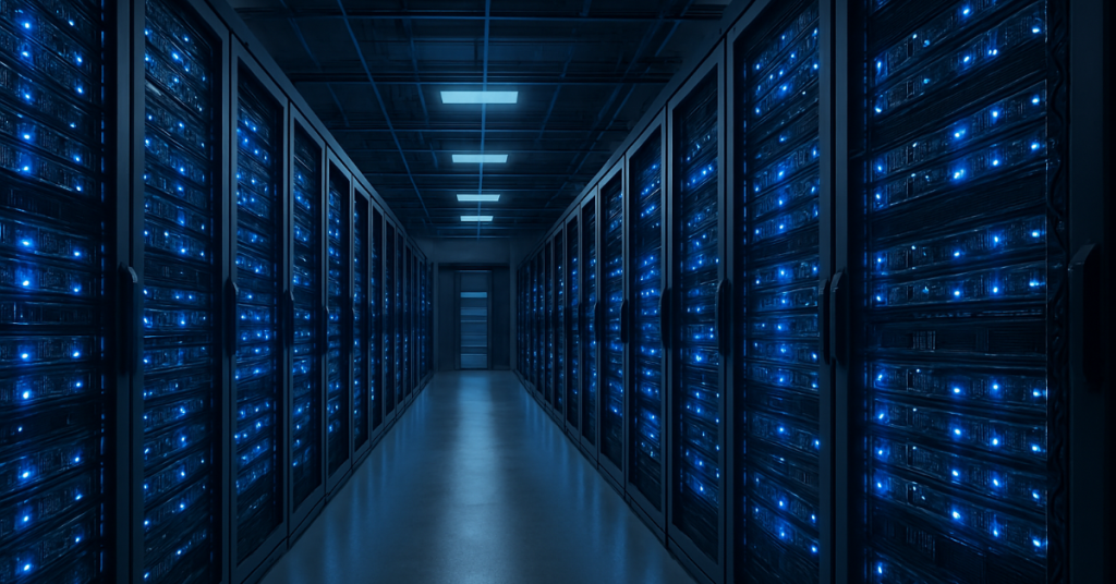 Modern data center server room with rows of network equipment and blue LED lighting showing infrastructure for cloud computing and AI workloads
