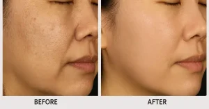 Before and after Morpheus8 treatment on Asian skin showing improved texture and firmness