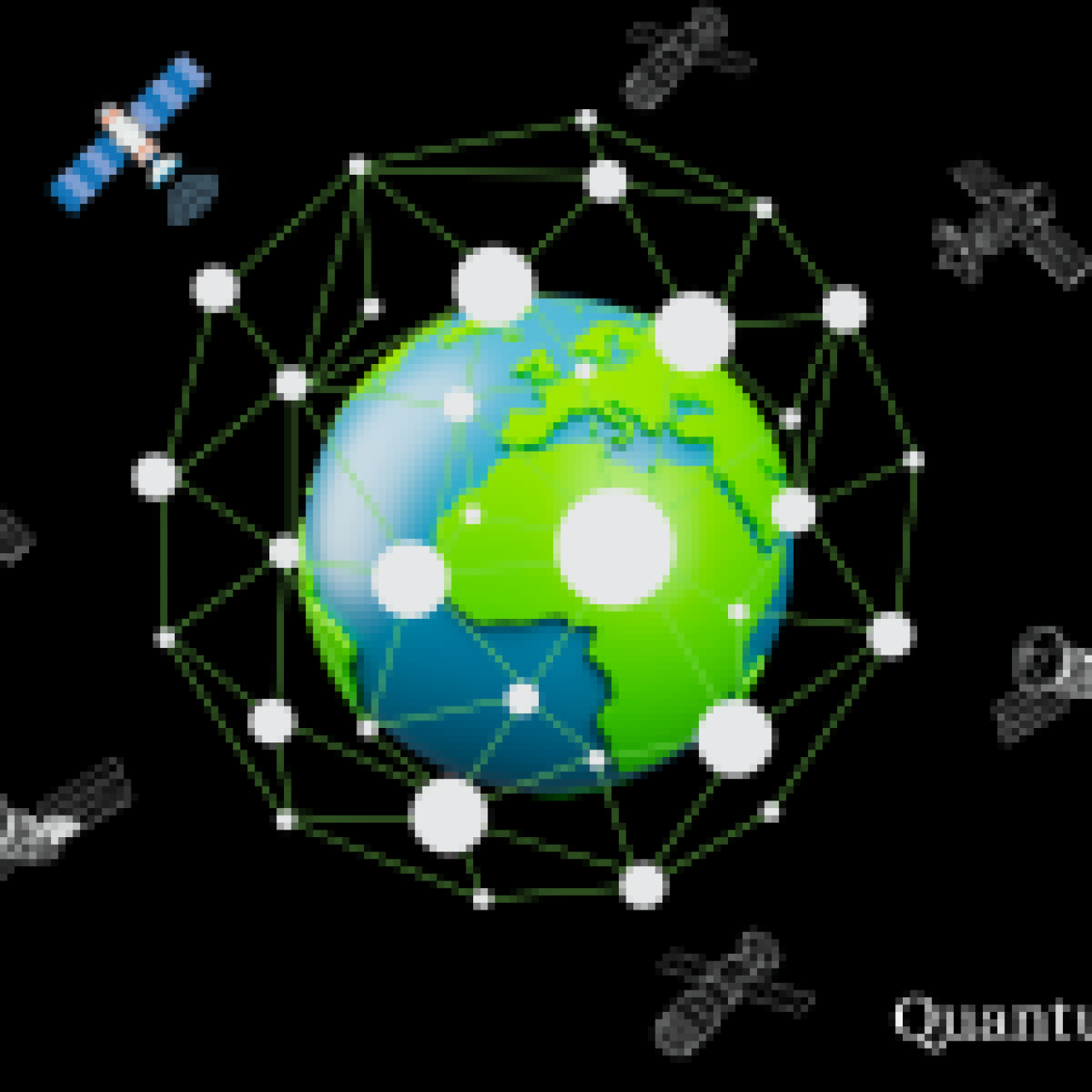 An illustration depicting interconnected nodes with quantum symbols, representing the concept of quantum networking for secure communication.