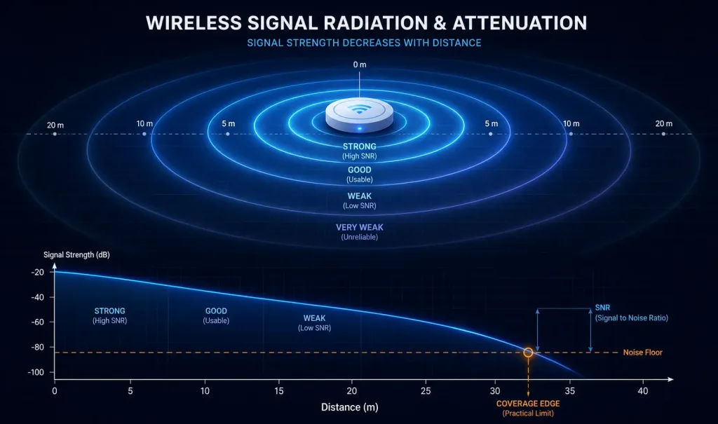 Exploring The Wireless World: A Guide To Wireless Networking 3 Diagram Showing Concentric Signal Rings Expanding From An Access Point With A Graph Overlay Showing Signal Strength Decreasing With Distance Until It Meets The Noise Floor