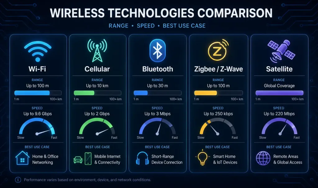Exploring The Wireless World: A Guide To Wireless Networking 2 Five Comparison Cards Showing Wi-Fi, Cellular, Bluetooth, Zigbee/Z-Wave, And Satellite With Their Typical Range, Speed, And Best-Use Case In Wireless Networking