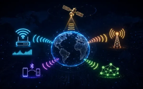 Central Globe Surrounded By Five Wireless Technology Icons — Wi-Fi, Cellular, Bluetooth, Zigbee/Z-Wave, And Satellite — Each Glowing In A Distinct Color With Radiating Signal Arcs
