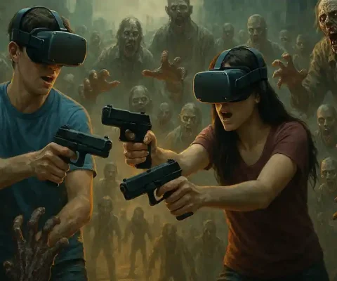 Players In Vr Headsets Defending Against Zombie Horde In Immersive Outbreak Game.