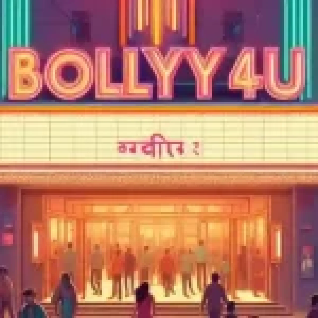 A vibrant illustration of the Bolly4u cinema entrance with neon signage, showcasing a crowd of people and Bollywood movie posters