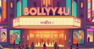 A vibrant illustration of the Bolly4u cinema entrance with neon signage, showcasing a crowd of people and Bollywood movie posters