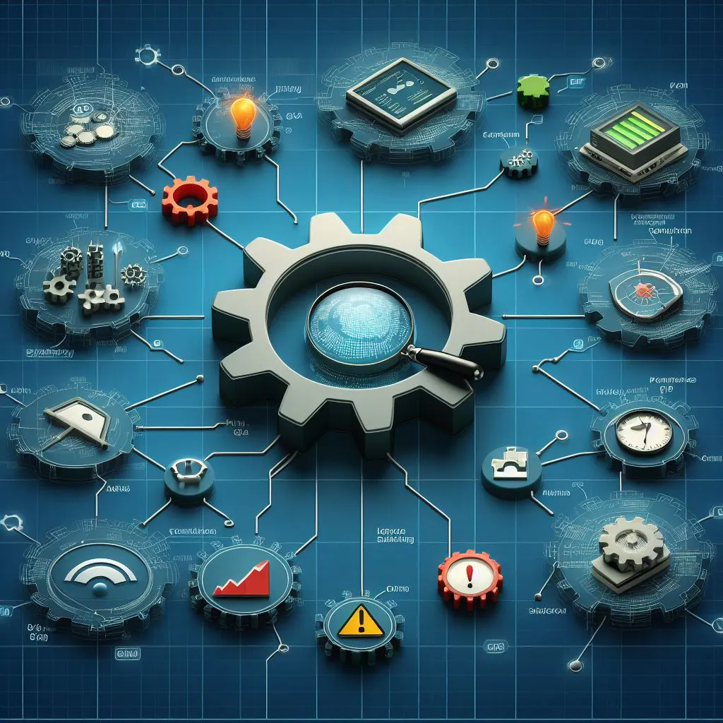 A network map with icons representing different features like a magnifying glass for device discovery, a bar graph for performance monitoring, and an alert symbol for notifications. A central gear connected to smaller gears labeled with key features, symbolizing the software as a central hub for monitoring various network functions. A puzzle with pieces labeled as key features coming together to form a complete picture, representing the importance of all features working together for effective monitoring