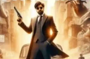 A vibrant movie poster for Movie4me featuring a man in a suit holding a gun, surrounded by diverse characters including a turbaned man, a lion, and cowboys, with a cityscape background.