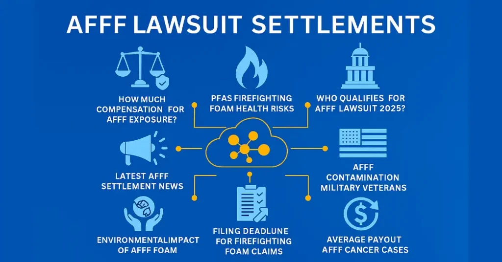 2025 AFFF lawsuit settlements infographic showing compensation amounts, PFAS health risks, eligibility for firefighters and military veterans, filing deadlines, average payouts, and environmental impact of firefighting foam.