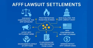 2025 AFFF lawsuit settlements infographic showing compensation amounts, PFAS health risks, eligibility for firefighters and military veterans, filing deadlines, average payouts, and environmental impact of firefighting foam.